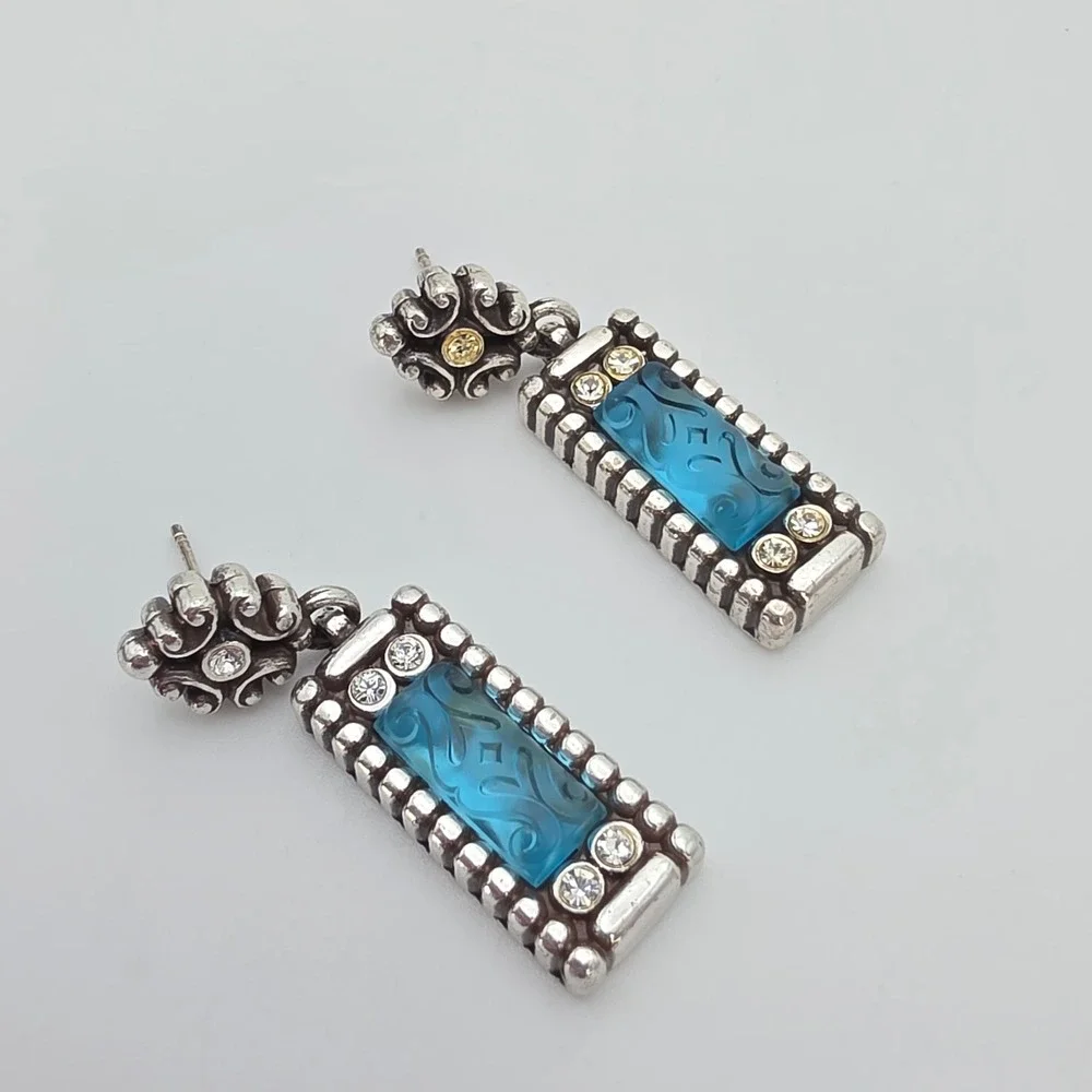 BRIGHTON Earrings Vibrant Aqua Crystal Scroll Silver Plate Dangle Drop 1.75